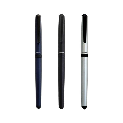 Three Ohto CR02 Ceramic Rollerball Pens with a matte finish, displayed vertically in navy blue, black, and silver colours, each featuring a sleek cap and minimalist design.