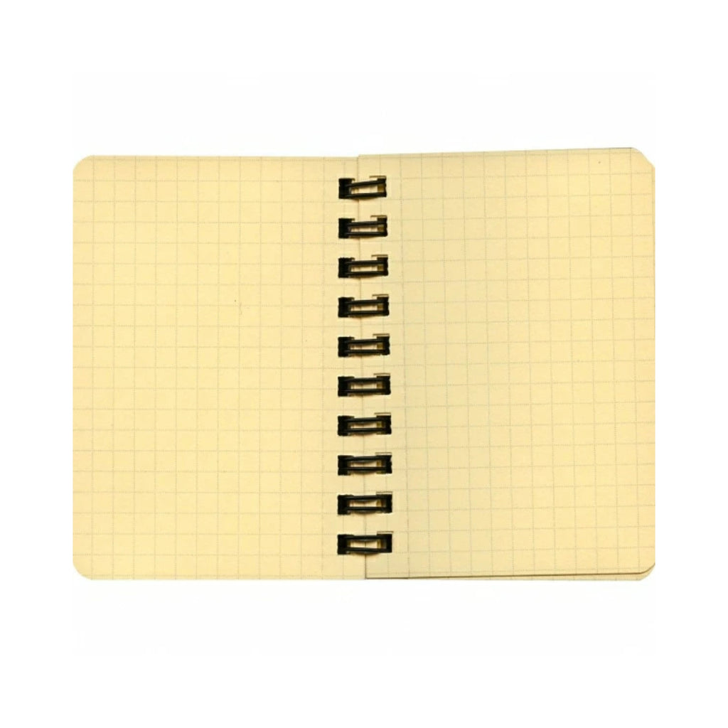 Open view of a mini Rollbahn notebook with squared cream pages and compact spiral binding.