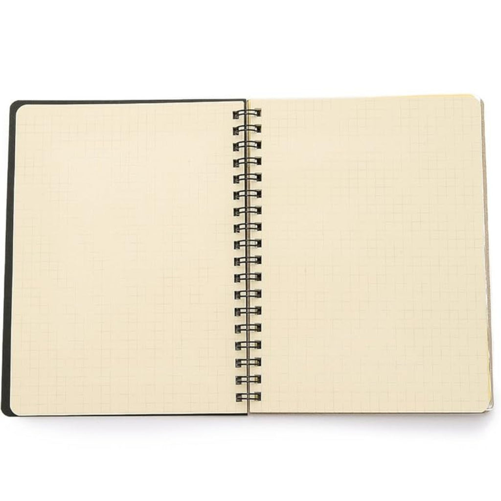 An open Rollbahn notebook showing two pages of cream-coloured grid paper, bound by a black spiral.