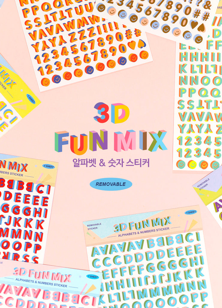 3D Fun Mix stickers showcasing vibrant tri-coloured alphabets, numbers, and smileys.