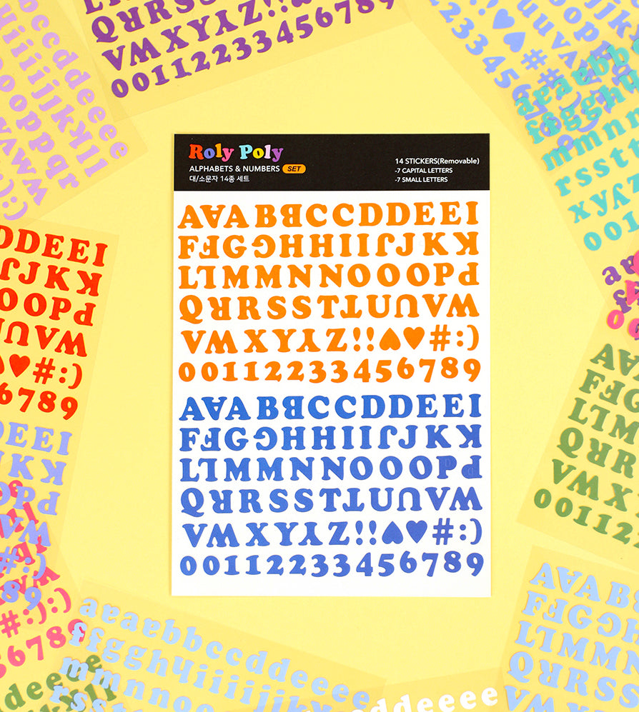 The complete set of 14 Paperian Roly Poly Alphabet & Numbers Stickers showcasing vibrant two-tone colours and both uppercase and lowercase letters.
