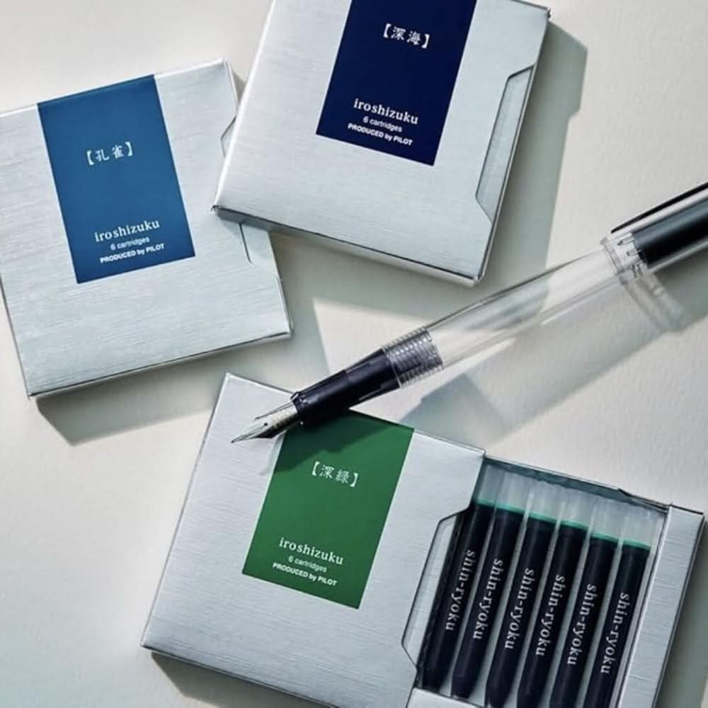 Pilot Iroshizuku fountain pen ink cartridges in assorted colours with pen and packaging