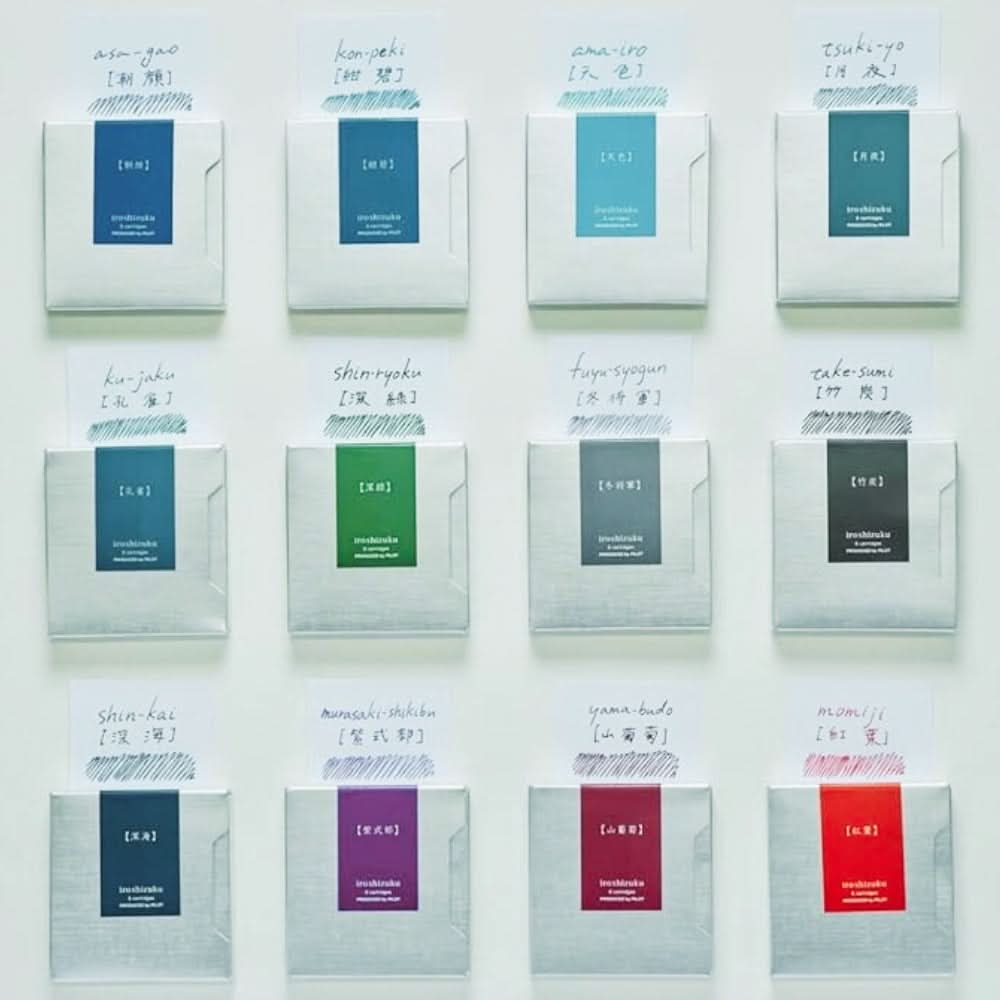 Full range of Pilot Iroshizuku fountain pen refill ink cartridges displayed in various colours.