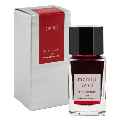 Pilot Iroshizuku Momiji fountain pen ink mini bottle 15ml in deep crimson red with box.