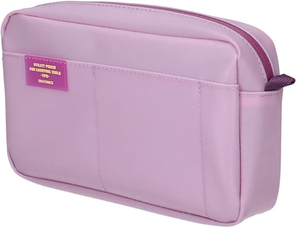 Purple utility pouch photographed at a front angle, showcasing exterior pockets and a label reading "UTILITY POUCH FOR CARRYING TOOLS -TPU DELFONICS".