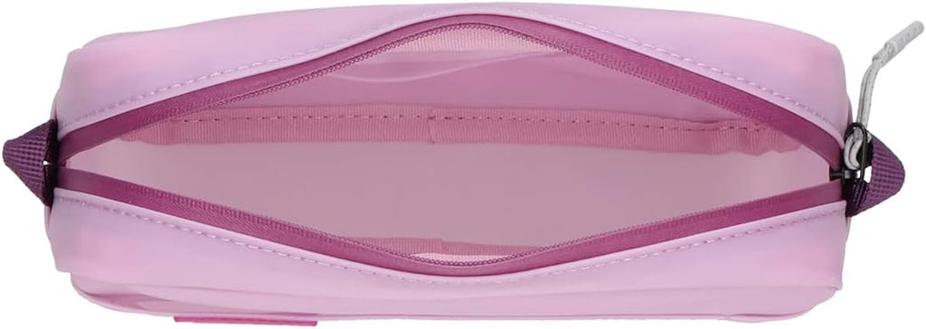 Overhead view of an open purple utility pouch, showing its spacious main compartment and interior lining.