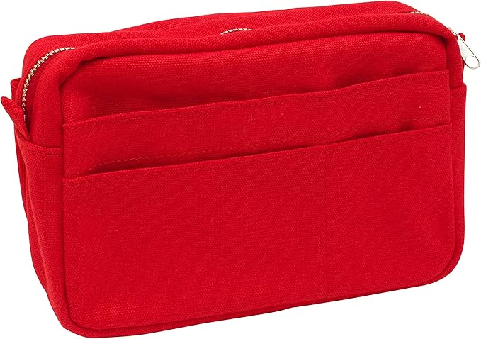 Rear angled view of the red utility pouch with empty external pockets.