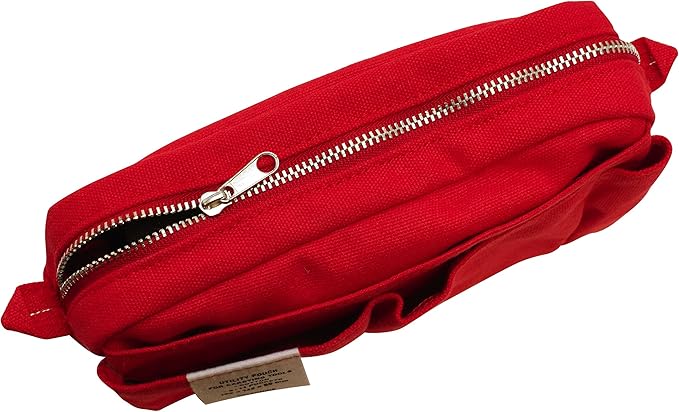 Top view of the red utility pouch showing a closed metal zipper.