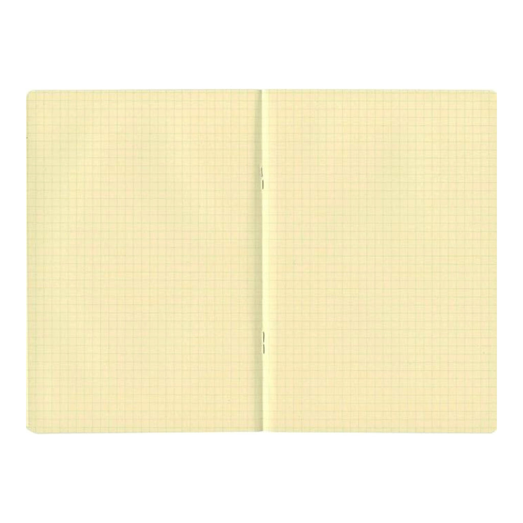 Open view of the Rollbahn notebook showing cream-coloured grid pages with a central staple binding.