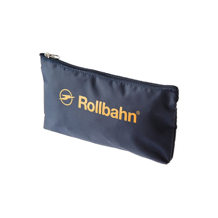 Angled view of the Rollbahn zipped pouch in navy showing slim, rectangular design and silver zip pull.