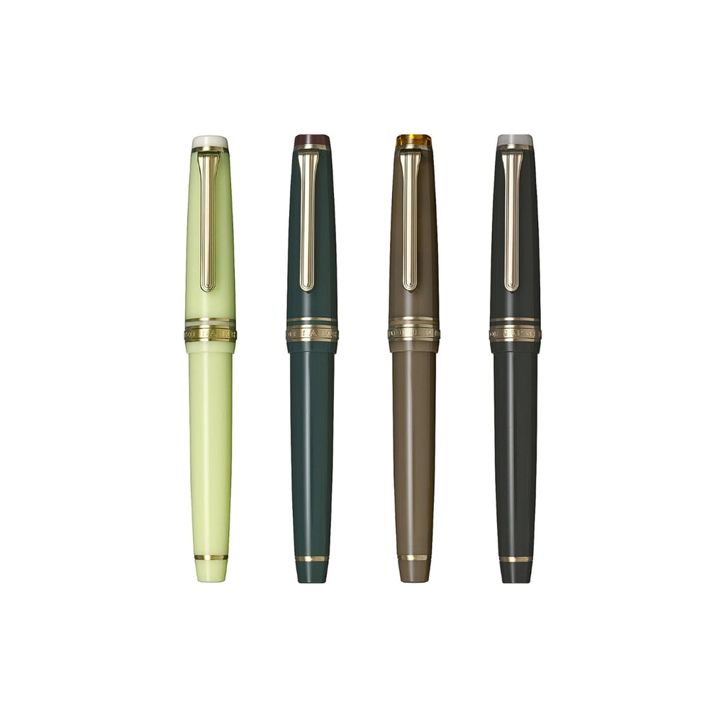 Sailor Shikiori Noyama No-Uta Fountain Pens in four colours displayed side by side with caps on.