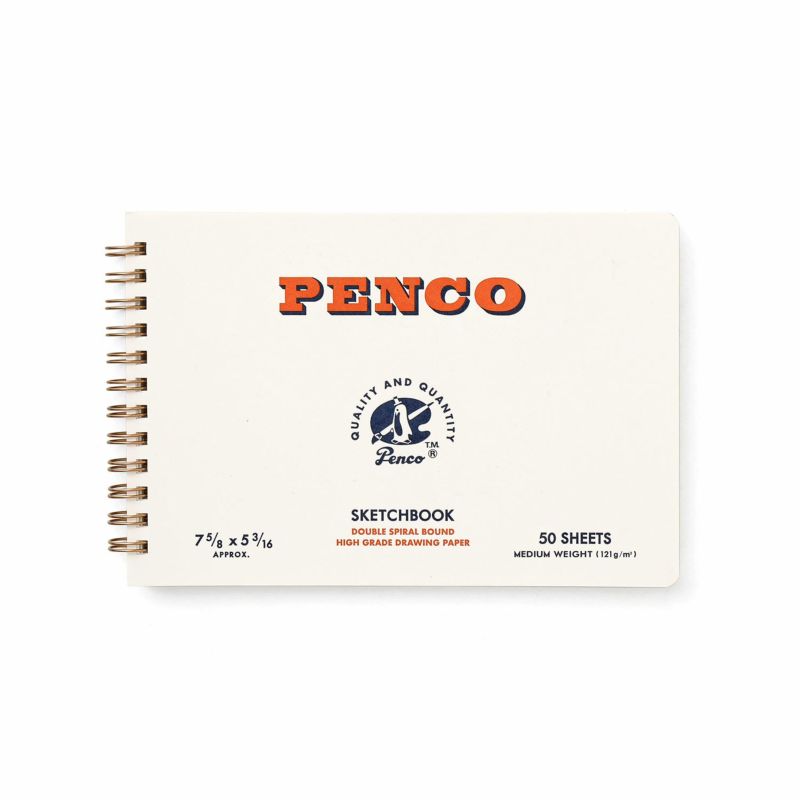 Compact Penco spiral-bound sketchbook with orange logo and 50 sheets of medium weight paper.
