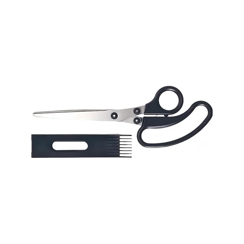 Flat lay of Sun-Star 7 Blades Shredder Scissors and black cleaning comb on white background.