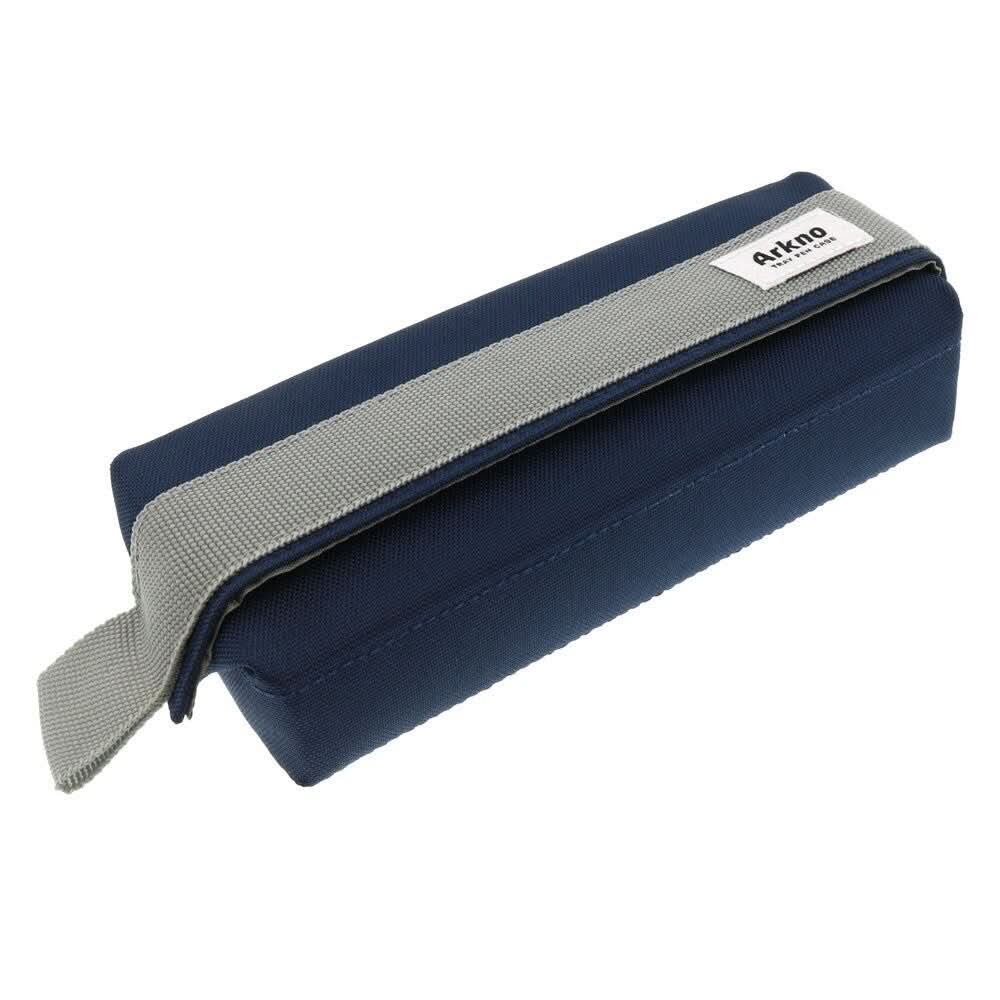 Angled view of the Sun-Star Arkno portable pen pouch in navy with a grey strap, showing the Arkno label and pull tab.