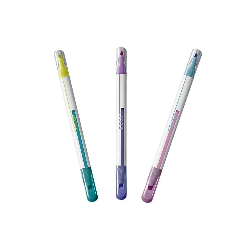 Sun-Star DECOT 3 Dual-Tip Layering Markers, set of three pens in pastel shades with clear caps and colour-coded ends.