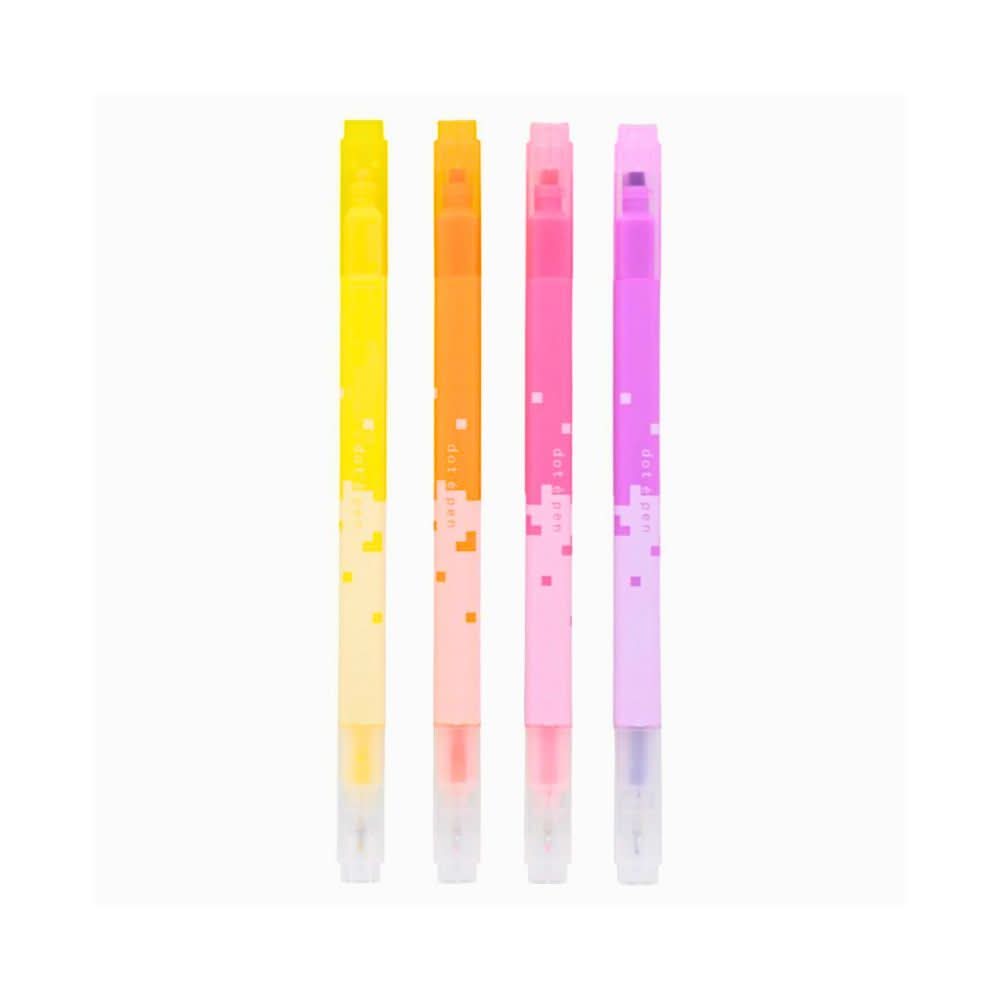 Four Sun-Star DOT É Pen Square Markers from Pack A, arranged in a row in yellow, orange, pink, and purple.