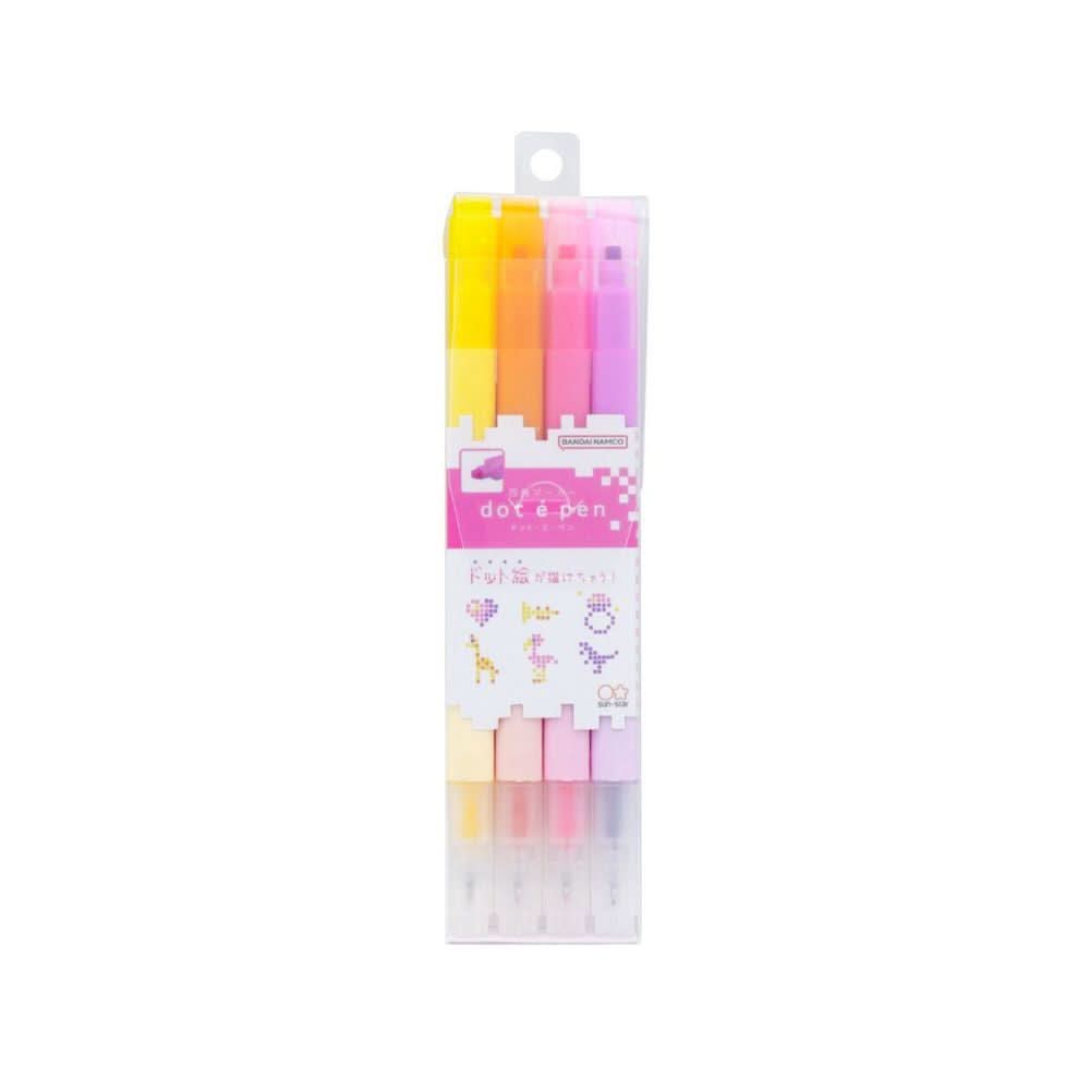 Sun-Star DOT É Pen Square Marker Pack A, boxed set of four dual-tip markers in yellow, orange, pink, and purple.