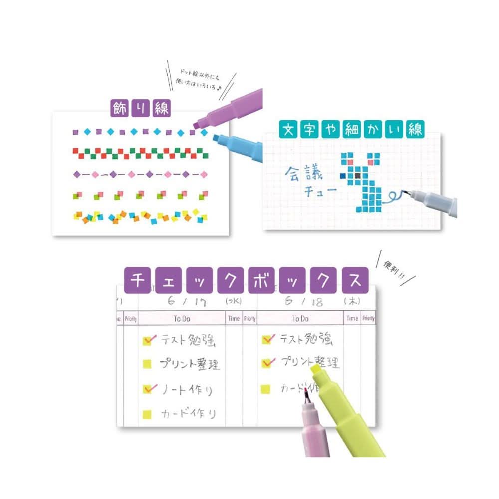 Example of Sun-Star DOT É Pen Square Marker Pack A in use, showing decorative lines, pixel-style writing, and checklists on paper.