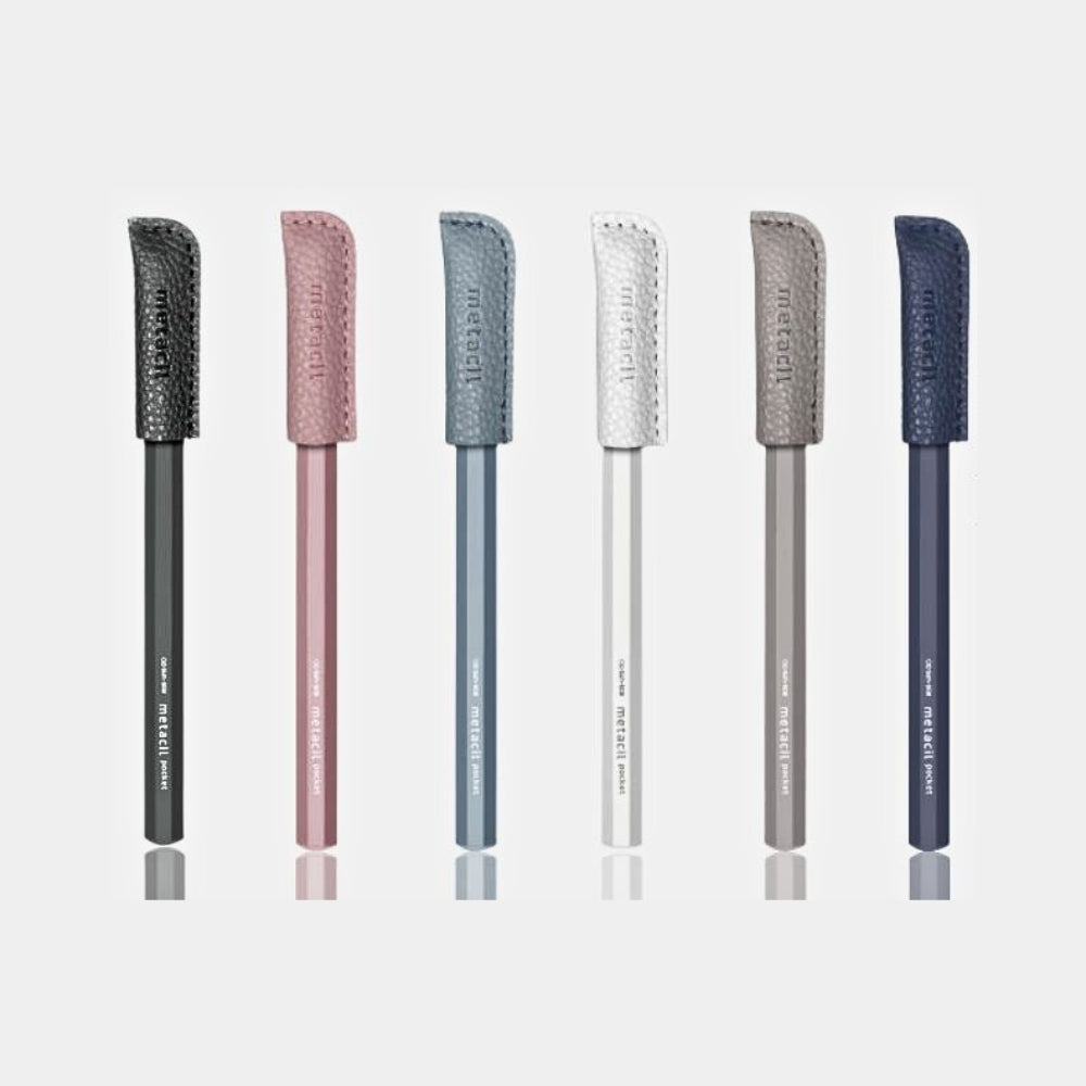 Full range of Sun-Star Metacil Metal Pencil Pocket colours, including black, pink, blue, silver, light grey, and navy, each with a textured leather cap.
