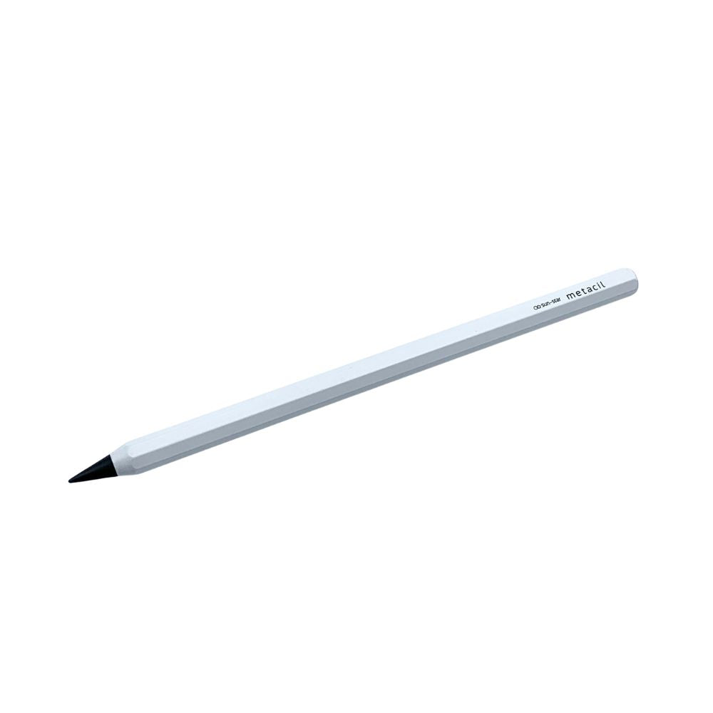 Sun-Star Metacil White Metal Pencil shown in full view with a sleek hexagonal aluminium body and black writing tip.