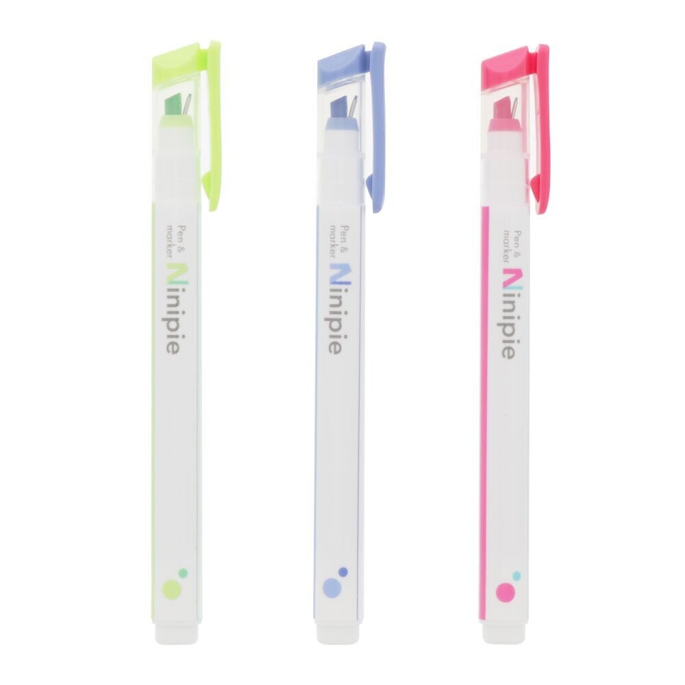 Three Sun-Star Ninipie dual tip highlighters from the 3 Colour Pack, lined up with visible branding in green, blue, and pink.