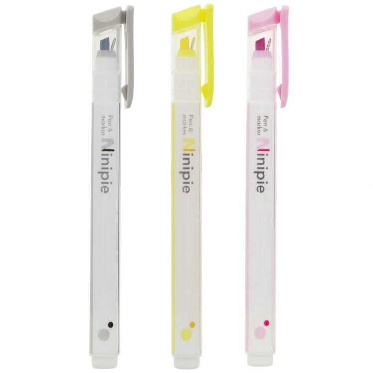 Three Sun-Star Ninipie dual tip highlighters from the 3 Colour Pack, arranged upright in grey, yellow, and pink.