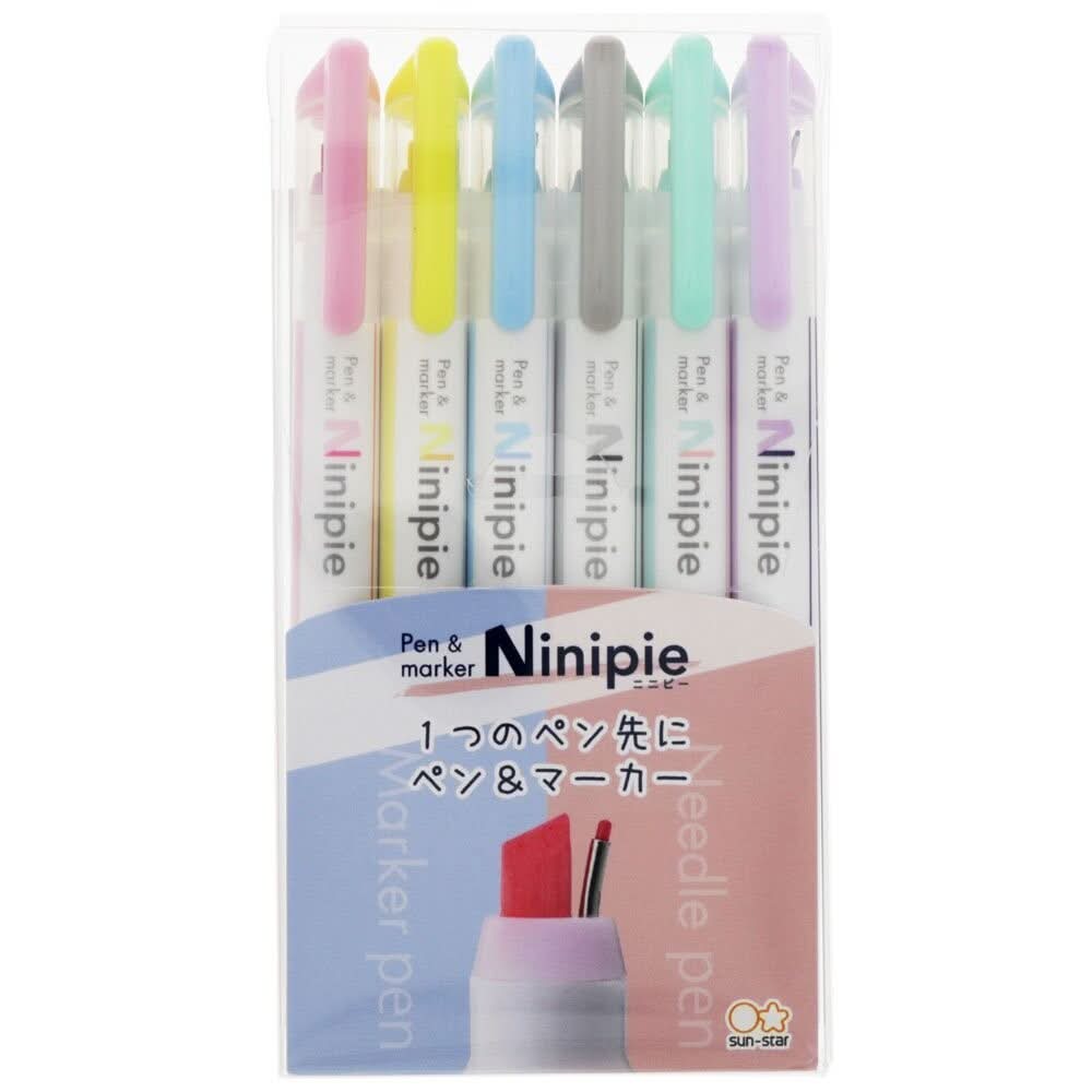 Sun-Star Ninipie Dual Tip Highlighter Pack A in clear packaging, containing six pastel coloured highlighters with dual tips.