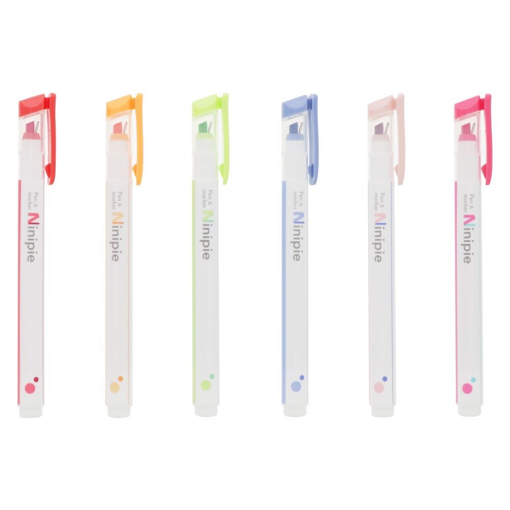 Set of six Sun-Star Ninipie Dual Tip Highlighters from Pack B, arranged upright in a row with coloured caps.