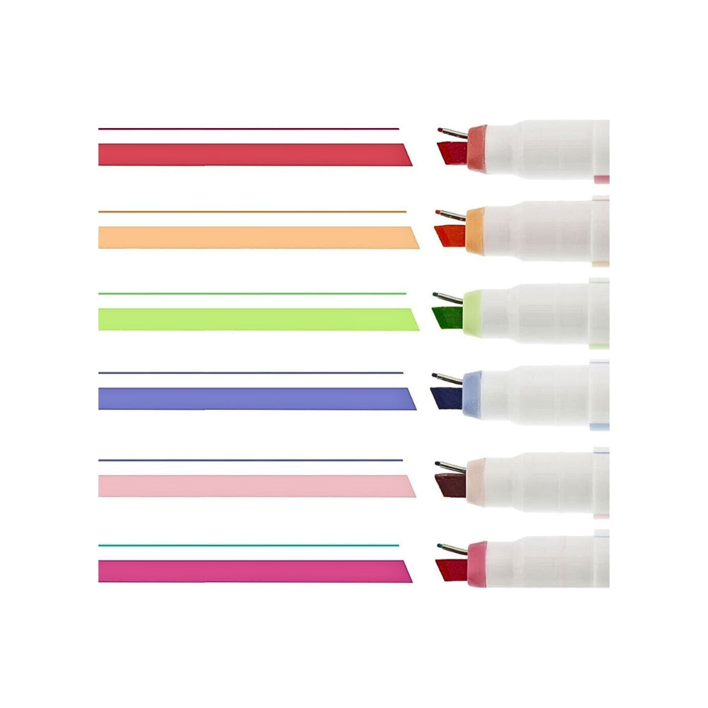 Ink swatches of the Sun-Star Ninipie Dual Tip Highlighter Pack B, showing six colours with marker and fine pen lines.