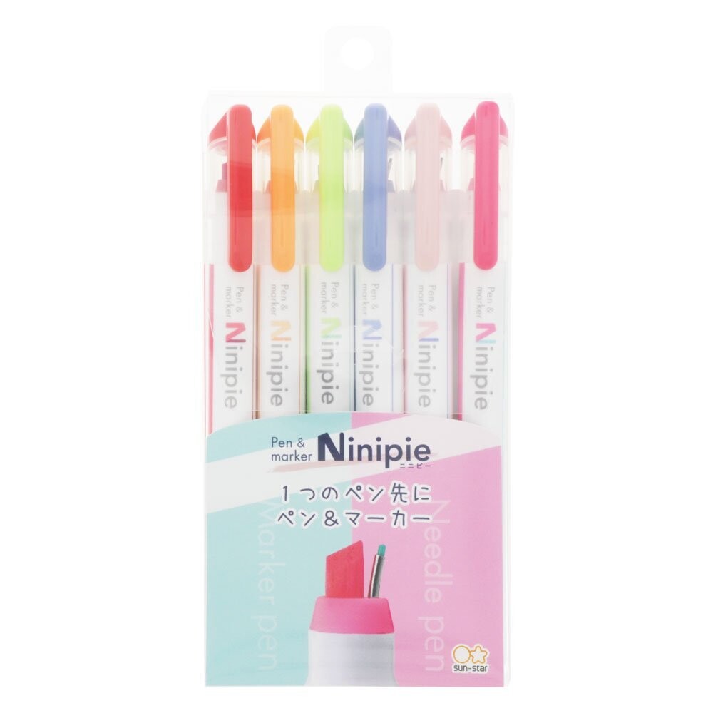 Sun-Star Ninipie Dual Tip Highlighter Pack B in clear packaging, containing six coloured highlighters with dual tips.