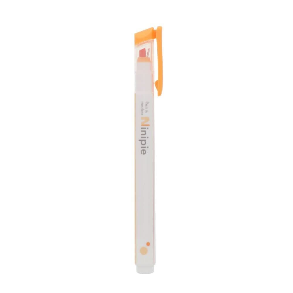 Full view of the Sun-Star Ninipie Light 2-in-1 Highlighter and Fineliner in orange with transparent cap.