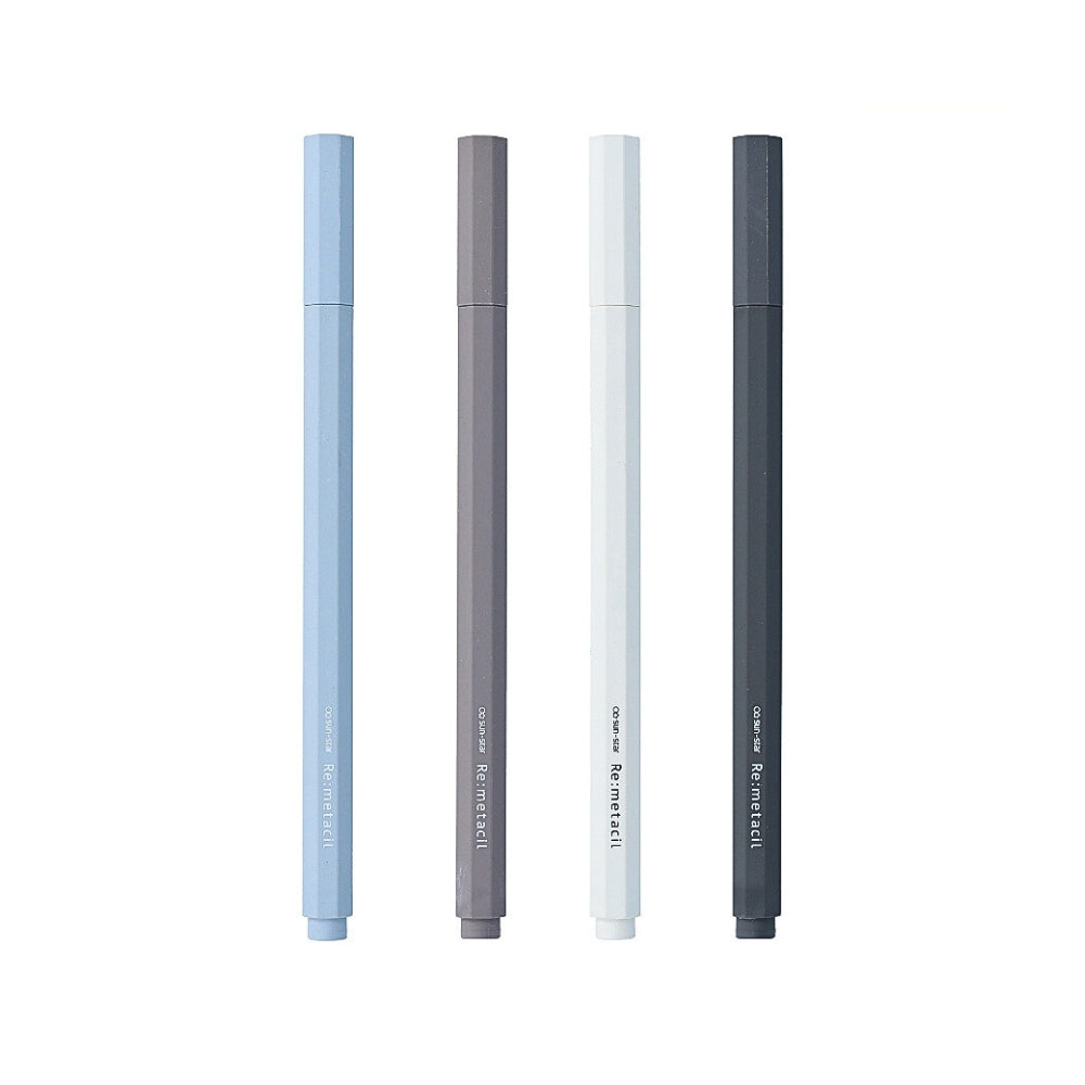 Four colour variations of the Sun-Star Re:metacil metal pencil, displayed in light blue, grey, white, and black.
