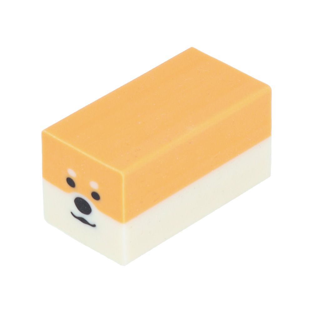 Angled view of Sun-Star Shiba Dog Eraser in orange and white, designed with a Shiba Inu dog face on the end.