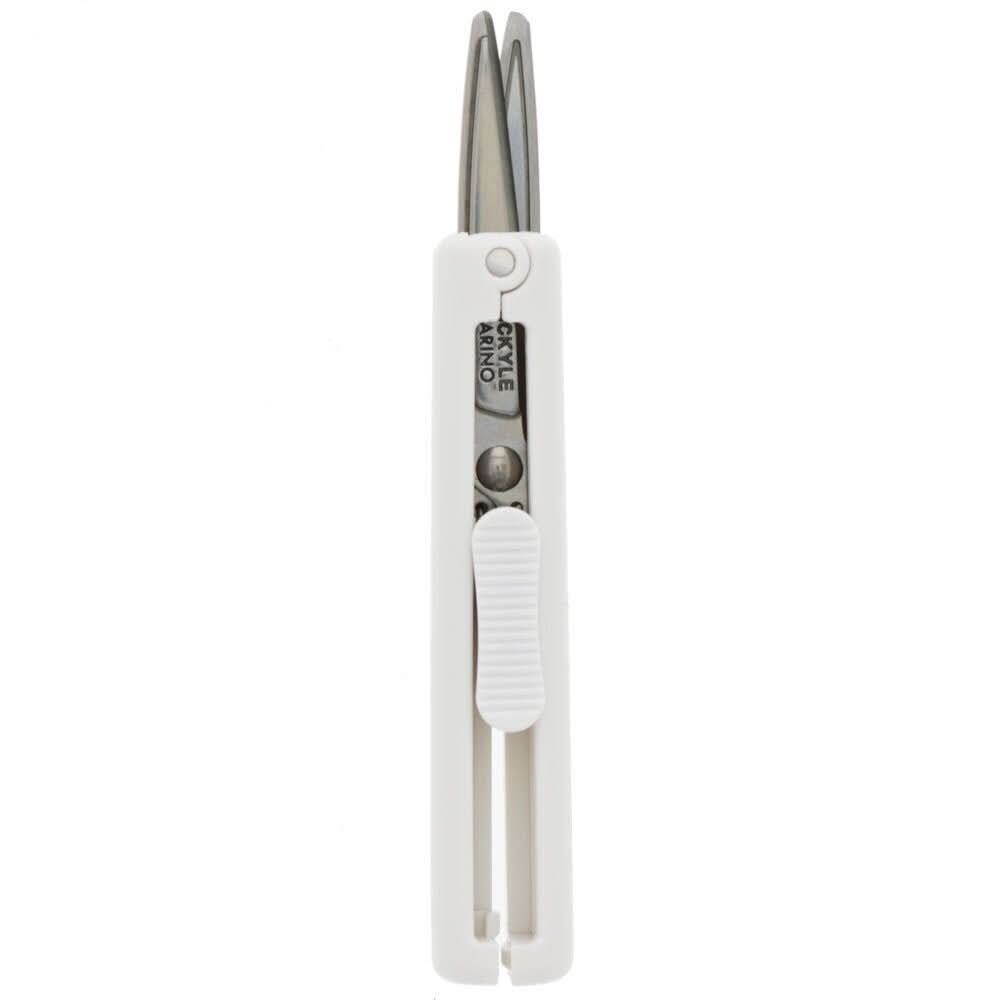 Front view of Sun-Star Slarino Stickyle white retractable scissors with blades extended from the casing.