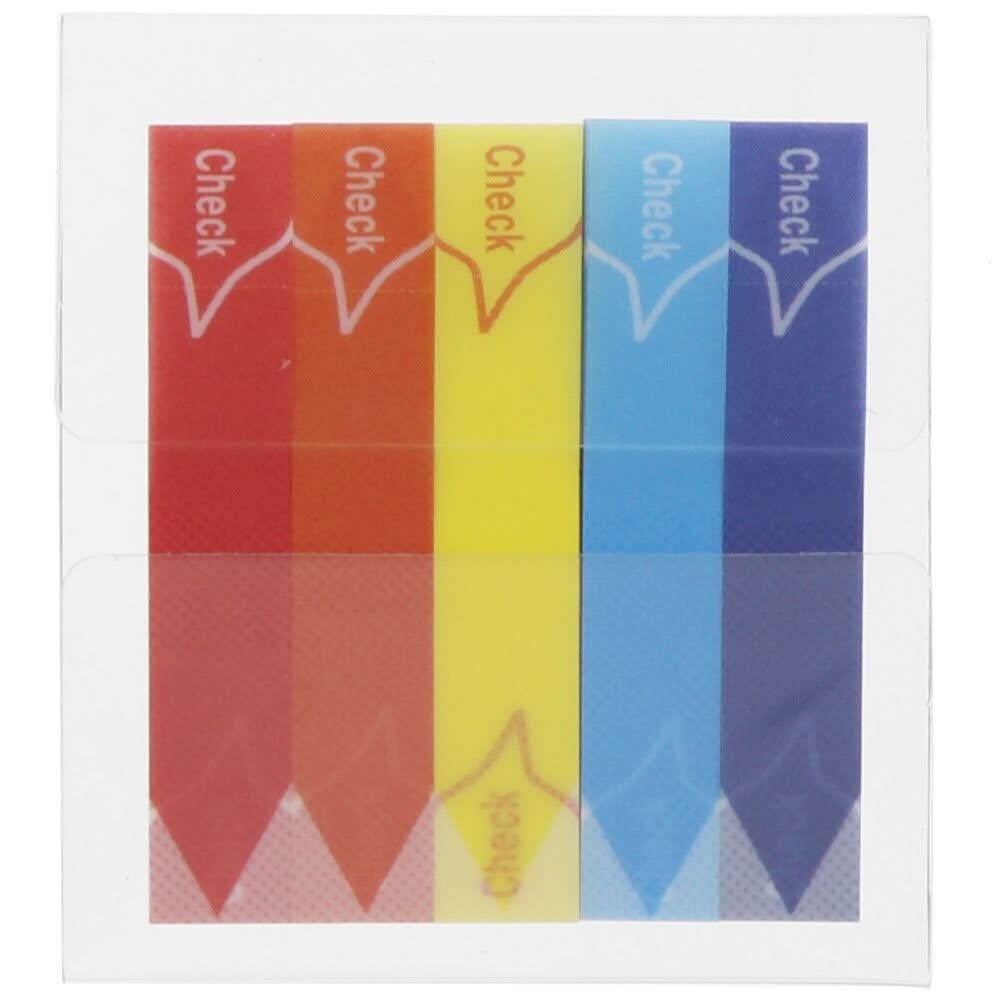 Flat view of Sun-Star Slim Piri-it Sticky Memo Check tabs in five colours with pointed arrow ends and “Check” labels.