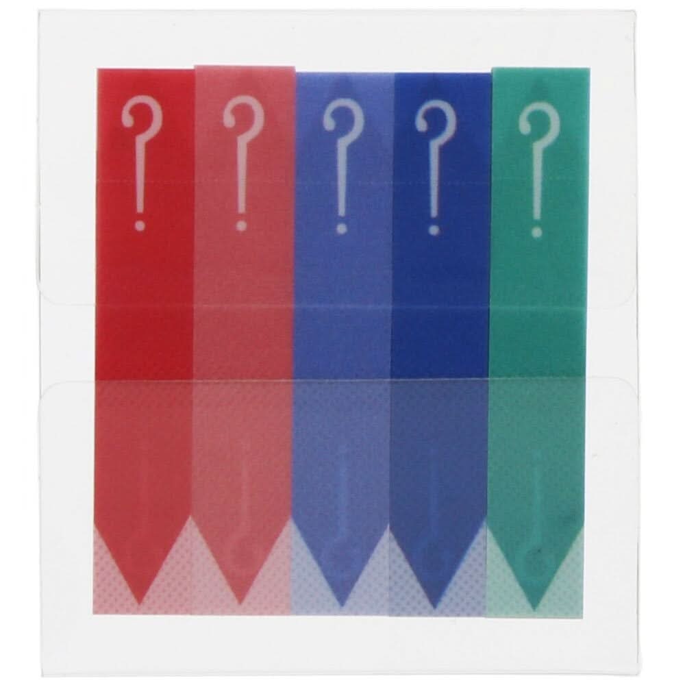 Flat view of Sun-Star Slim Piri-it Sticky Memo Question tabs in red, light red, blue, navy, and green, each with a question mark design.