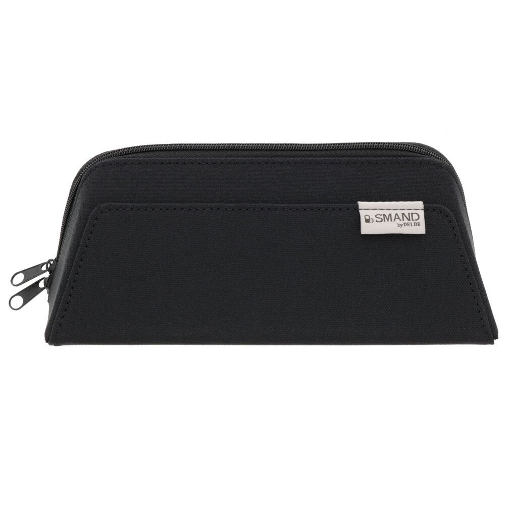 Front view of the Sun-Star Smand black pen case with fabric label and zip closure.