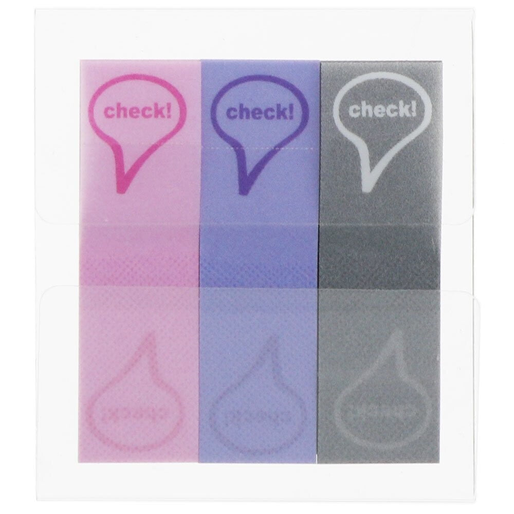 Loose Sun-Star Piri-it Sticky Memo Check tabs in pink, purple, and grey, each featuring a “check!” speech bubble design.