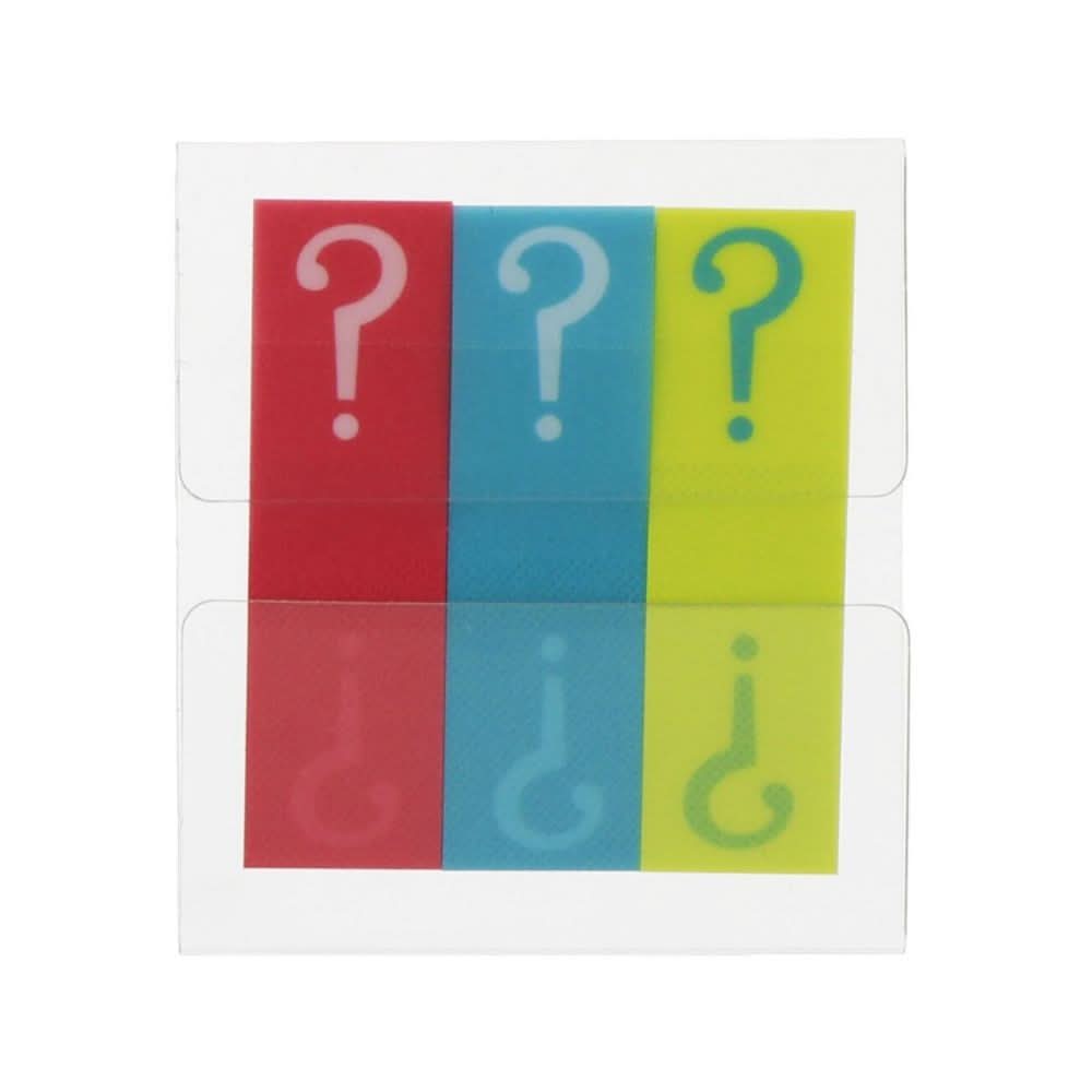 Sun-Star Piri-it sticky memo tabs in red, blue, and yellow with white question mark symbols, shown without packaging.