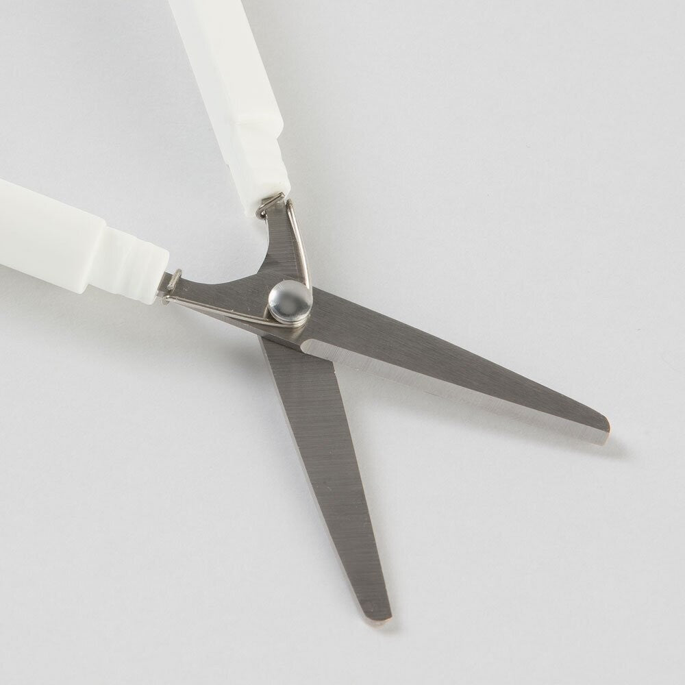 Close-up view of Sun-Star Stickyle compact scissors blades in white design.