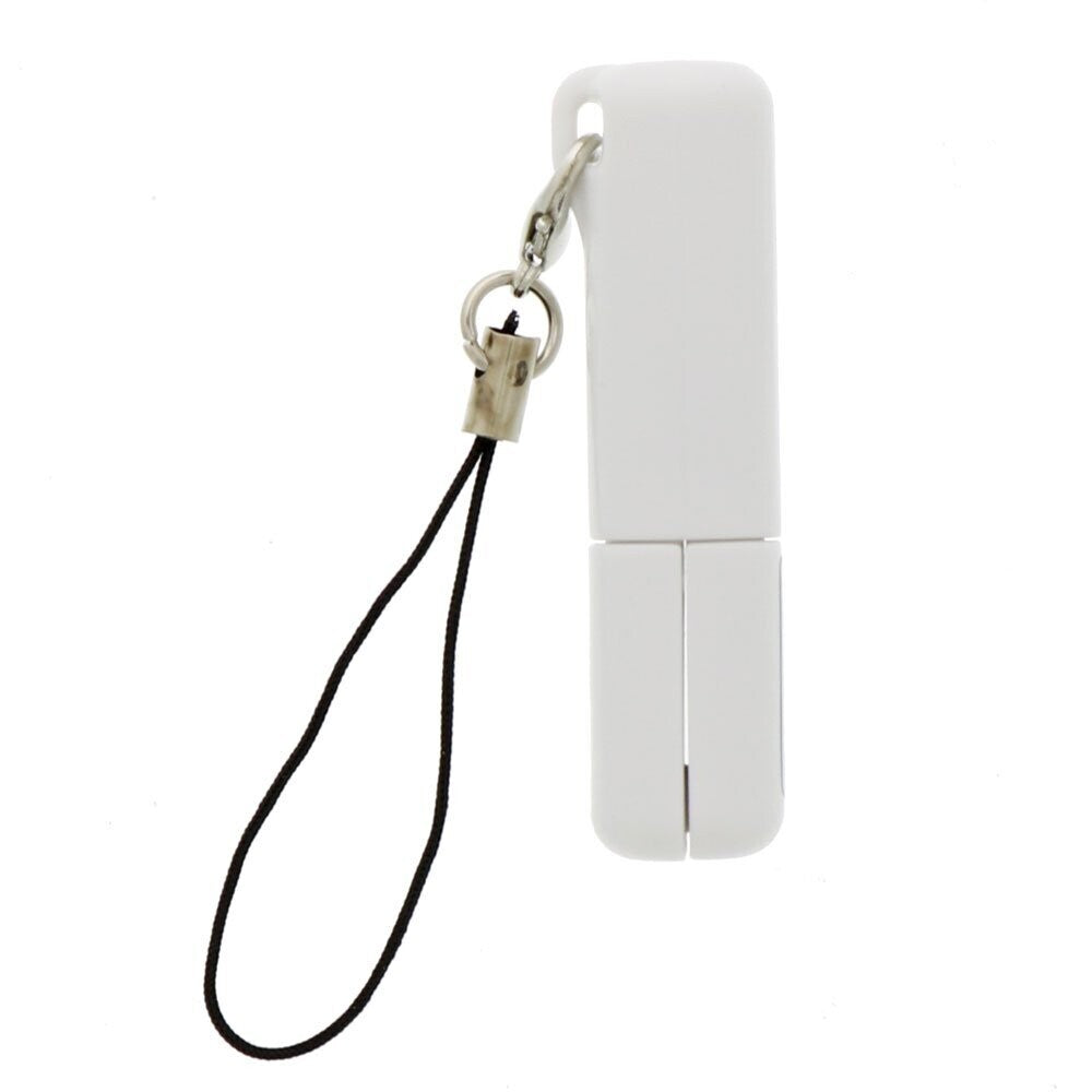 Sun-Star Stickyle ultra-compact mini scissors in white, upright view with black keychain loop.