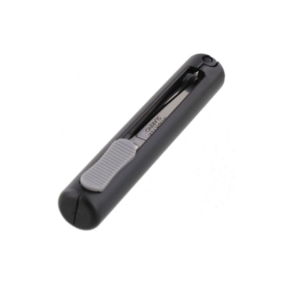 Angled view of Sun-Star Stickyle Slarino black retractable compact scissors with sliding mechanism visible.