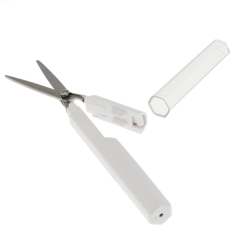 Angled view of Sun-Star Stickyle Tatsuno compact scissors in white with transparent protective cap.