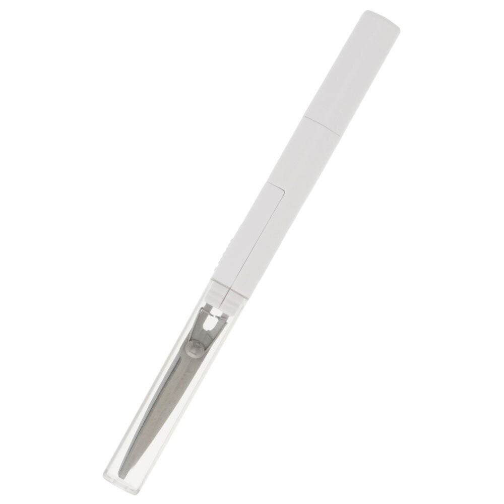 Sun-Star Stickyle Tatsuno compact scissors in white with screwdriver attachment, shown in retail packaging.