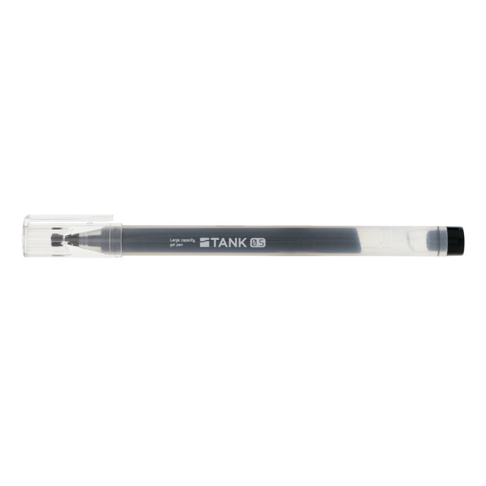 Sun-Star large capacity Tank gel pen in black ink, 0.5mm tip, with transparent cap.