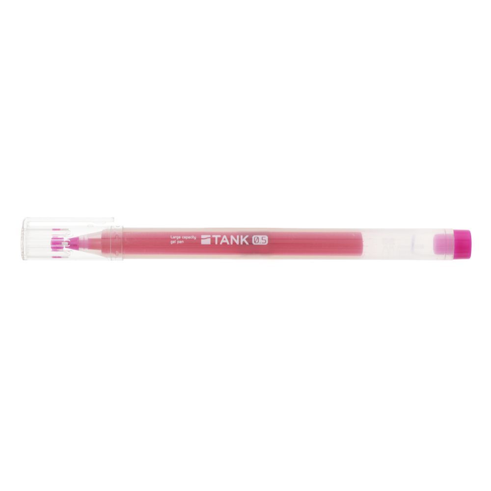 Sun-Star large capacity Tank gel pen in pink ink, 0.5mm tip, with transparent cap.