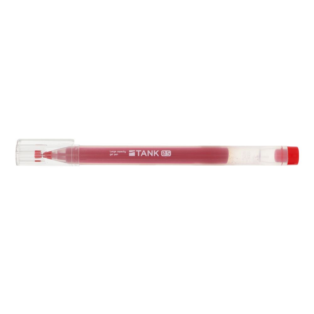Sun-Star large capacity Tank gel pen in red ink, 0.5mm tip, with transparent cap.
