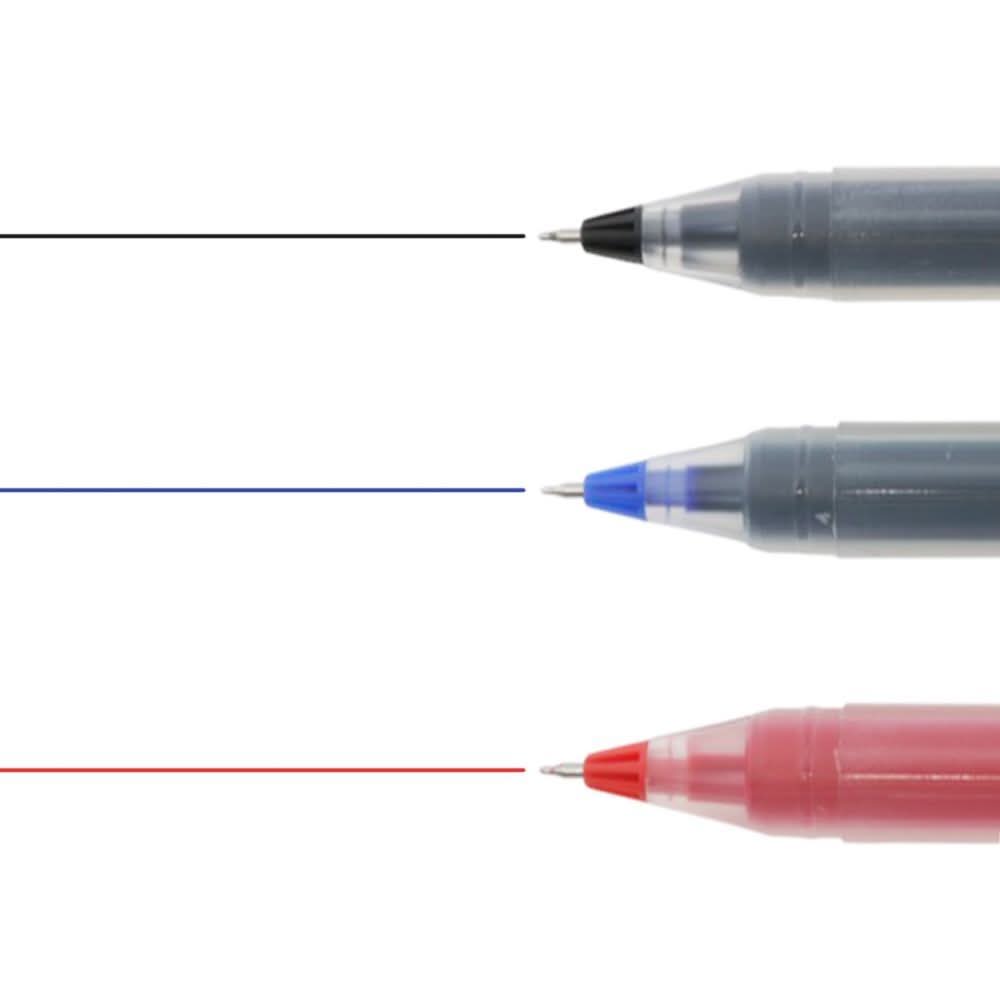 Writing samples from the Sun-Star Stationery Tank gel pen set of three, displaying black, blue, and red ink lines.