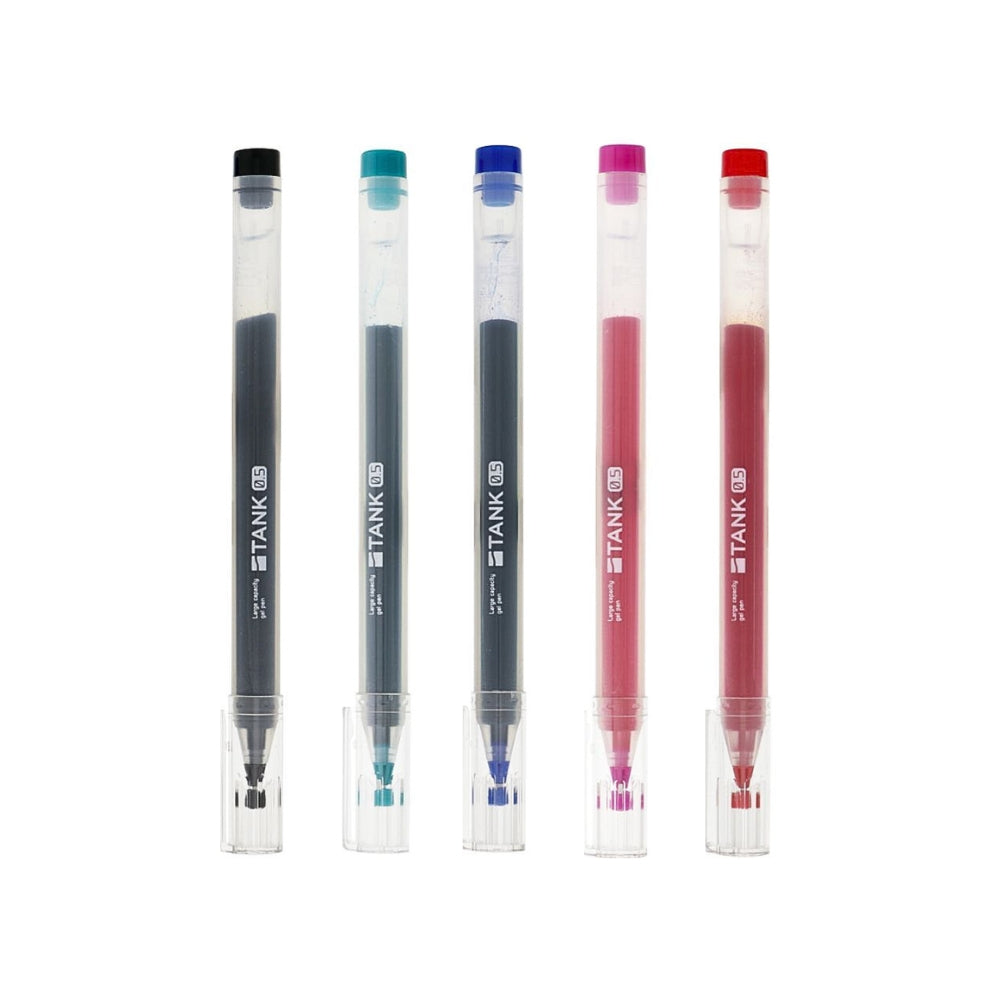 Set of five Sun-Star Tank gel pens in black, green, blue, pink, and red, all with transparent caps.