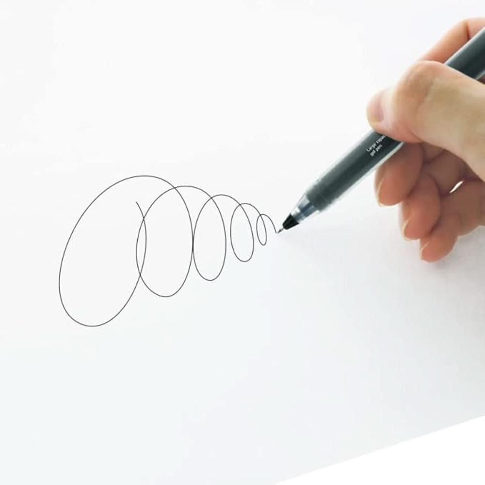 Hand using the Sun-Star Tank gel pen in black ink to write smooth curved lines on paper.